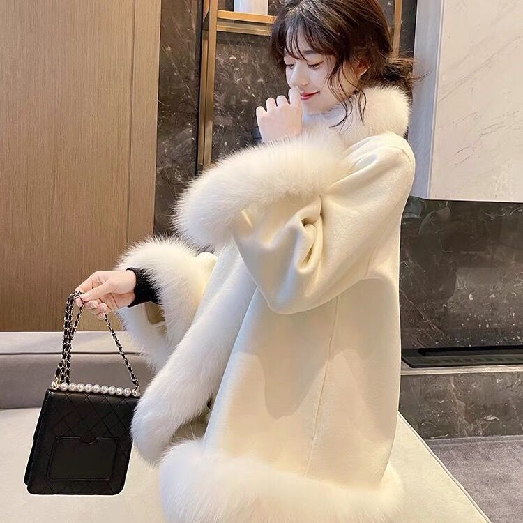 Artificial Fur Mid-length Coat Women's Woolen Cloak