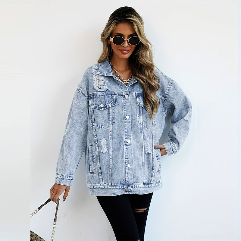 Women Denim Jacket Boyfriend-style Ripped Distressed