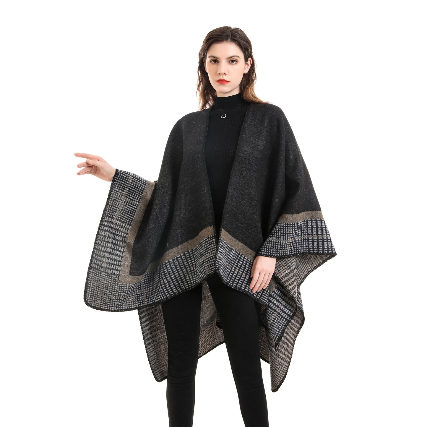 Double-sided Color Matching Plaid Cashmere-like Shawl Outer Match Cape Coat