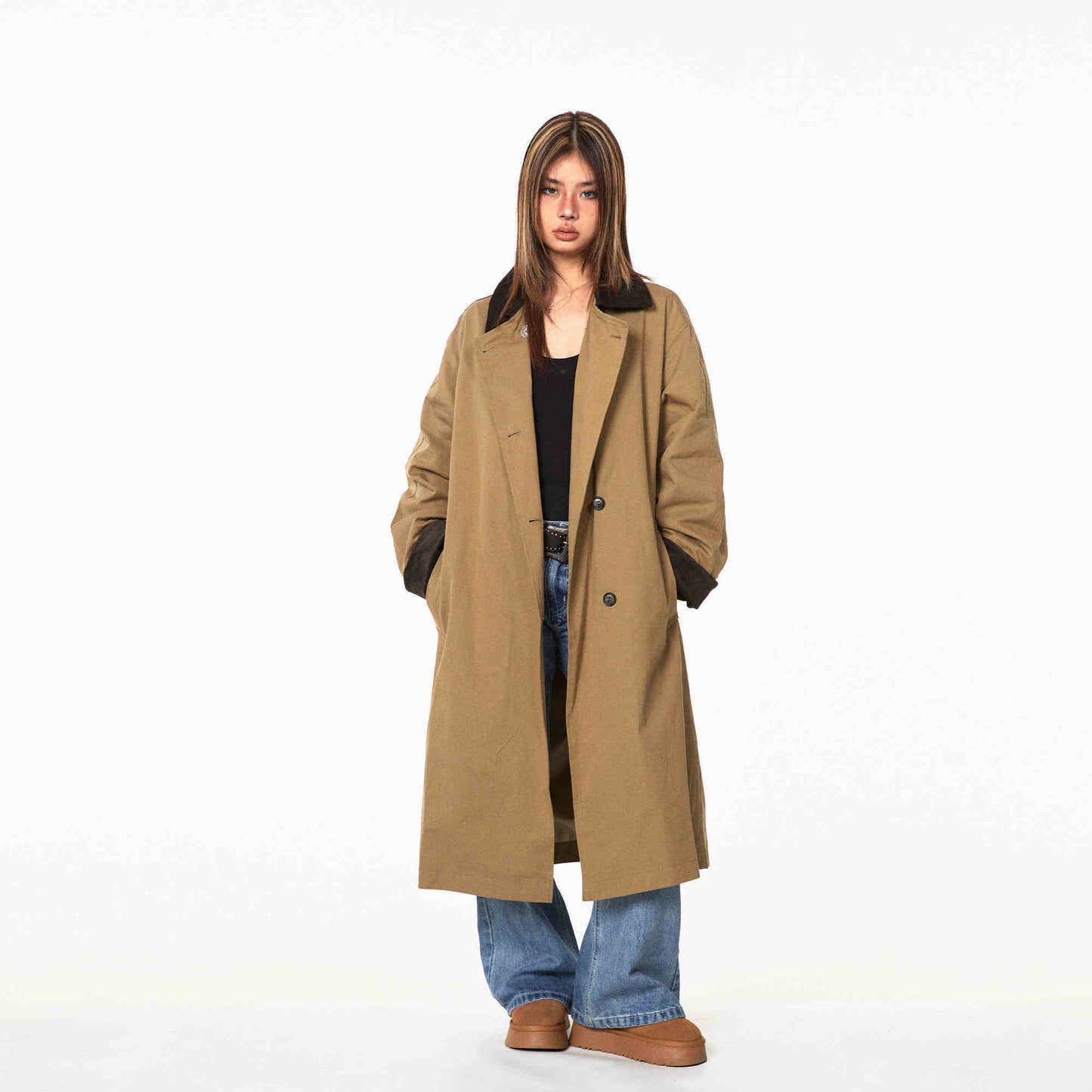 Loose Casual Mid-length Color Contrast Patchwork Lapel Trench Coat