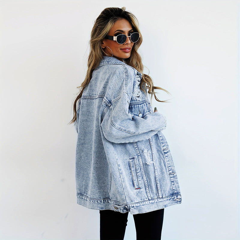 Women Denim Jacket Boyfriend-style Ripped Distressed