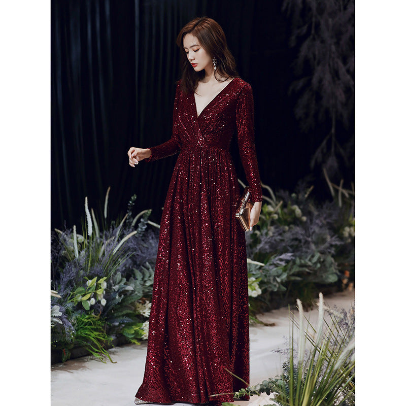 Wine Red Temperament Host Dress Annual Meeting Long