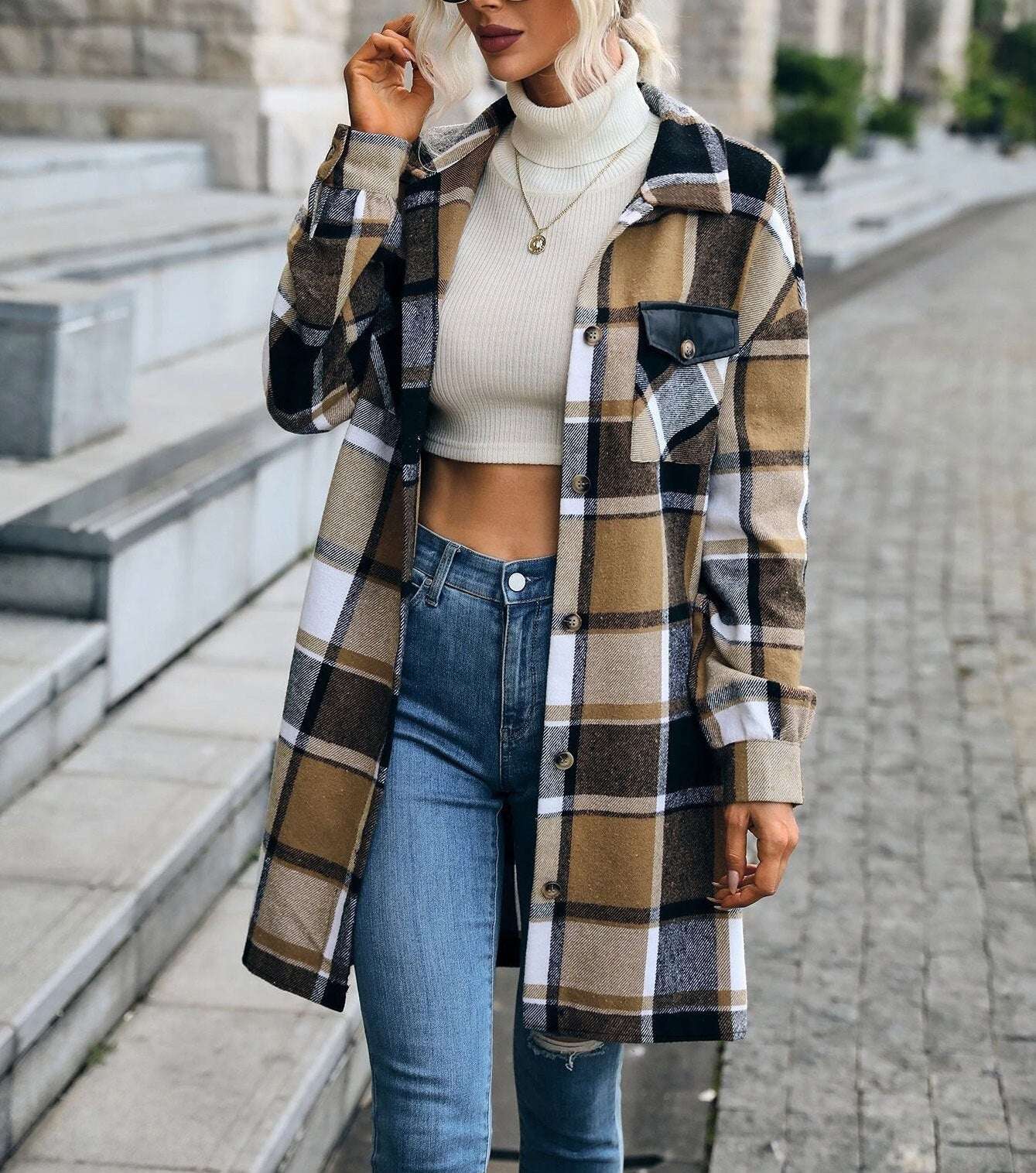 Women Casual Plaid Printed Pocket Long Jacket