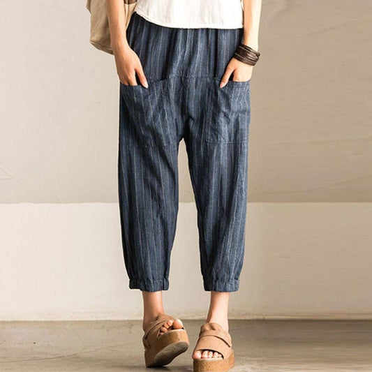 Pantaloni harem larghi a righe con tasche elastiche in vita da donna, casual vintage, pantaloni rapa, pantaloni da lavoro, pantaloni a gamba larga 