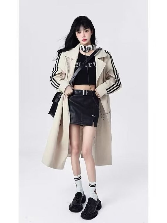 Women Coat Vintage Stripe Mid-length Trench Coat