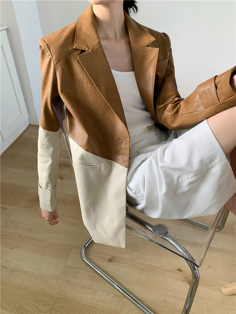 Retro hit color twill loose profile stitching leather salt coat