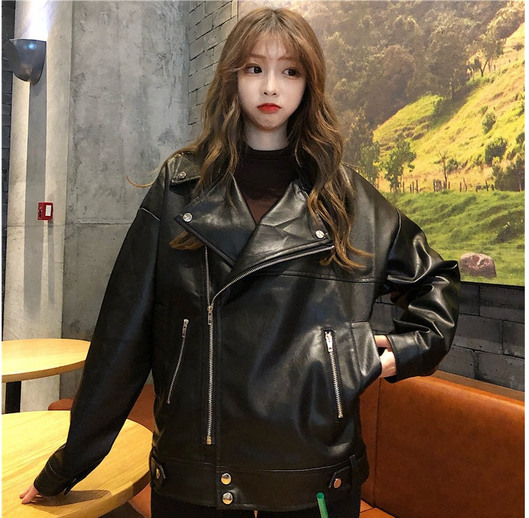 Leather coat women's autumn winter new Korean loose casual casual casual wear Pu motorcycle jacket ins fashion