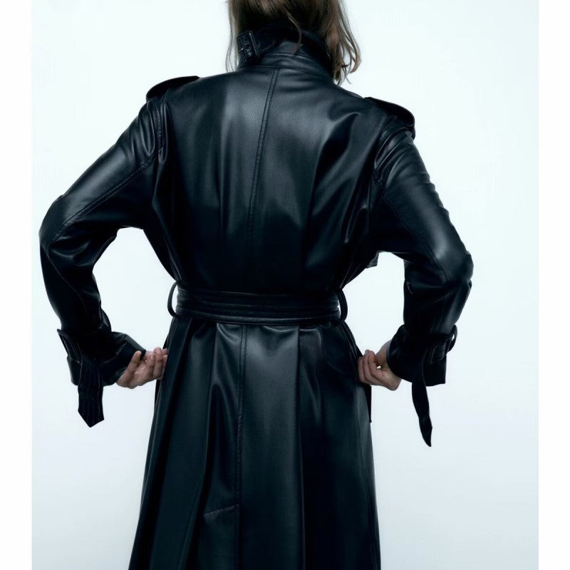 Women Long Leather Trench Coat With Belt