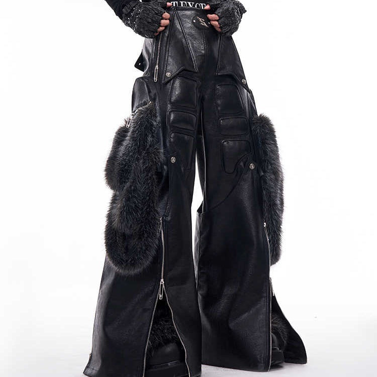 Structural Design Fur Stitching PU Leather Wide-leg Pants