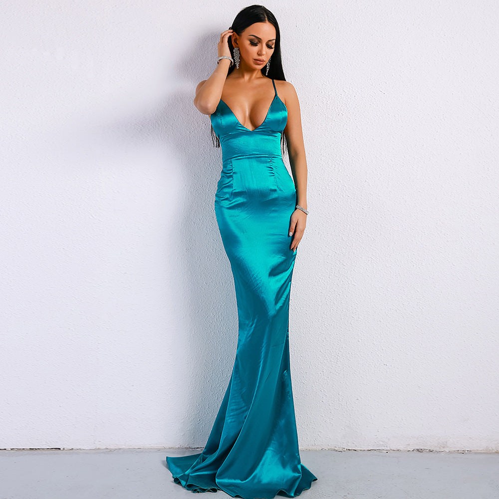 V-neck solid color sling backless ladies evening dress