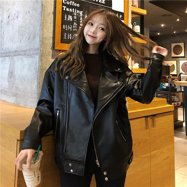 Leather coat women's autumn winter new Korean loose casual casual casual wear Pu motorcycle jacket ins fashion