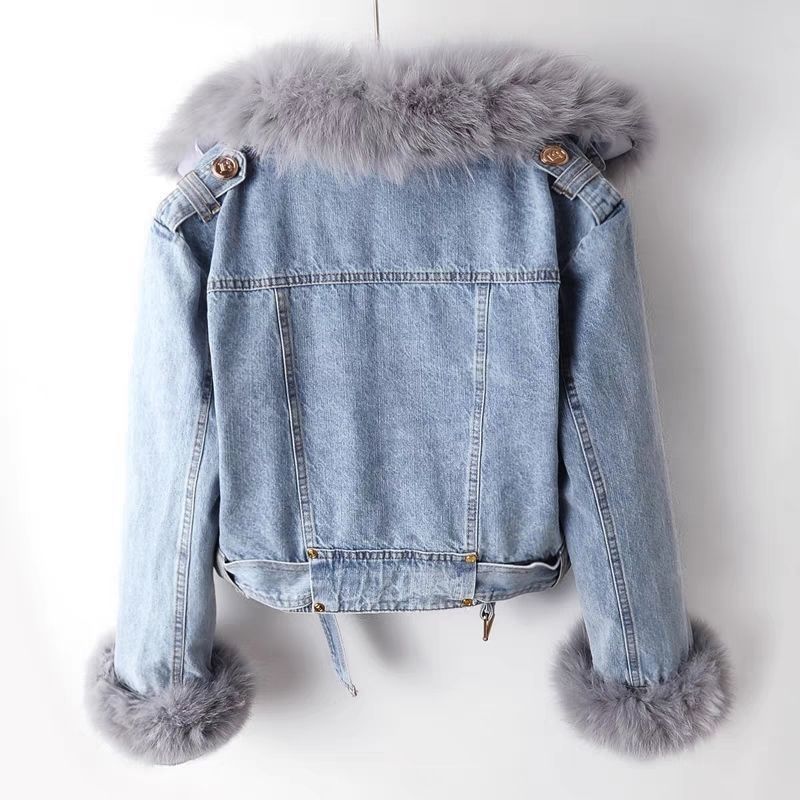 Detachable Faux Fox Fur Rabbit Fur Liner Denim Coat