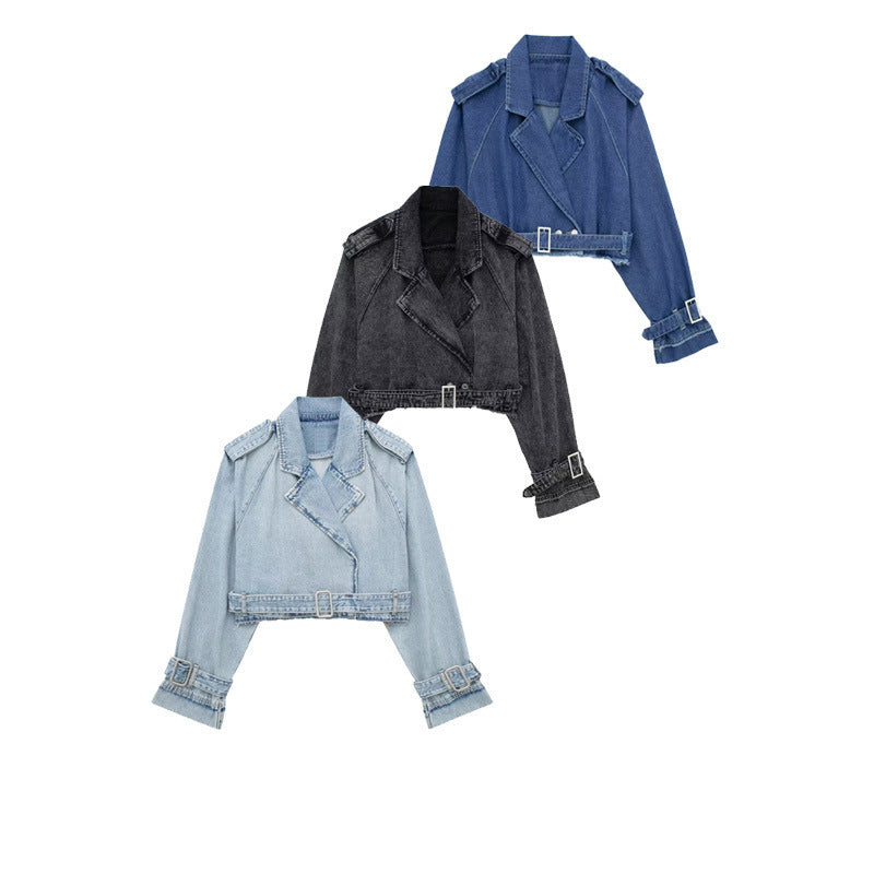 Denim Wind-breaker Slim-fitting Blouse French Style With Belt Coat