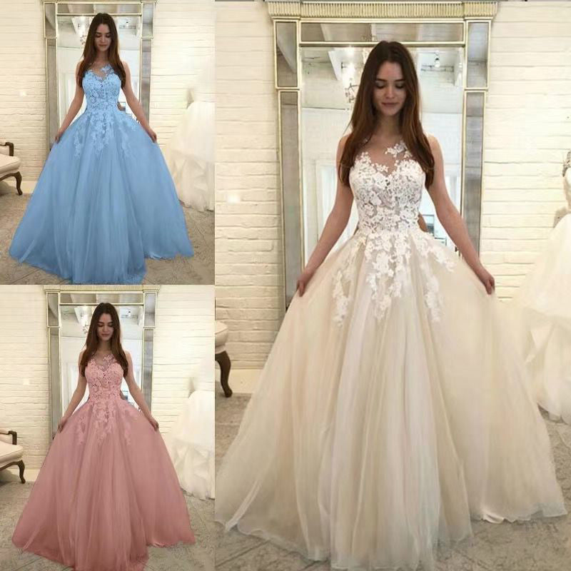 Women Wedding Dress Sleevless Flowers Lace Dress