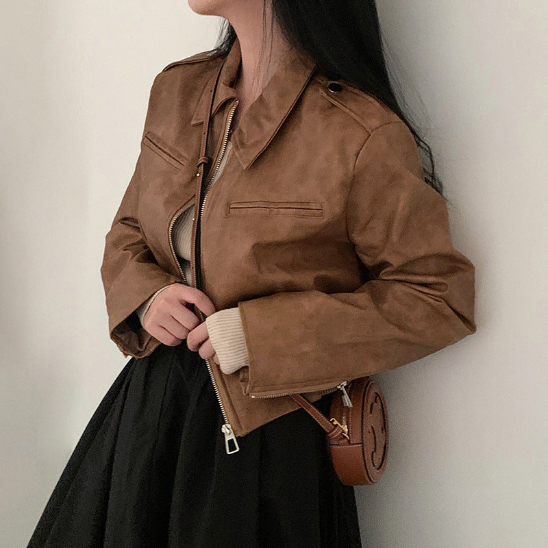 Women's Retro Hong Kong Style Lapel Long-sleeved Leather Jacket