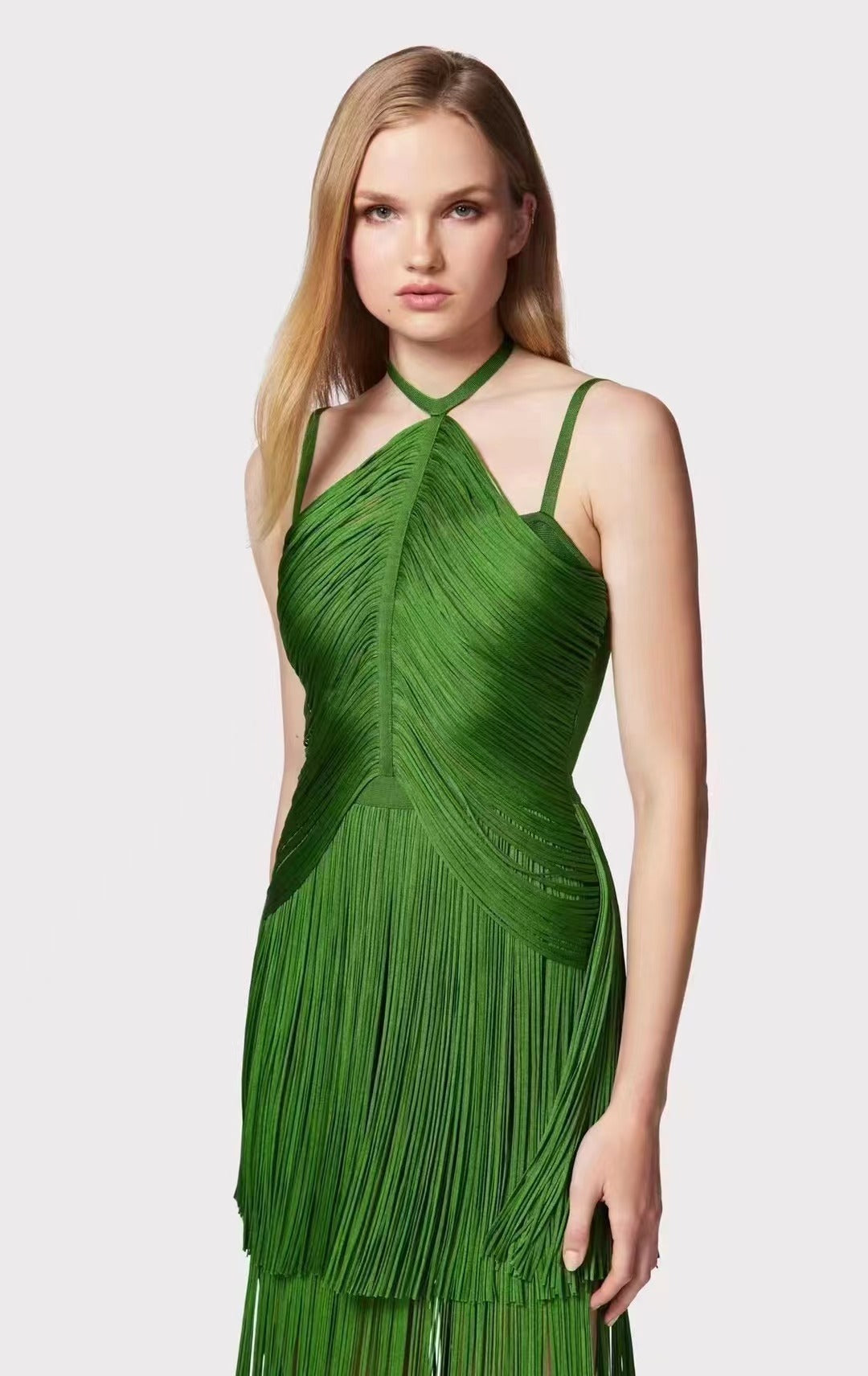 Green Halter Spaghetti Straps Tassel Dinner Ball Dress