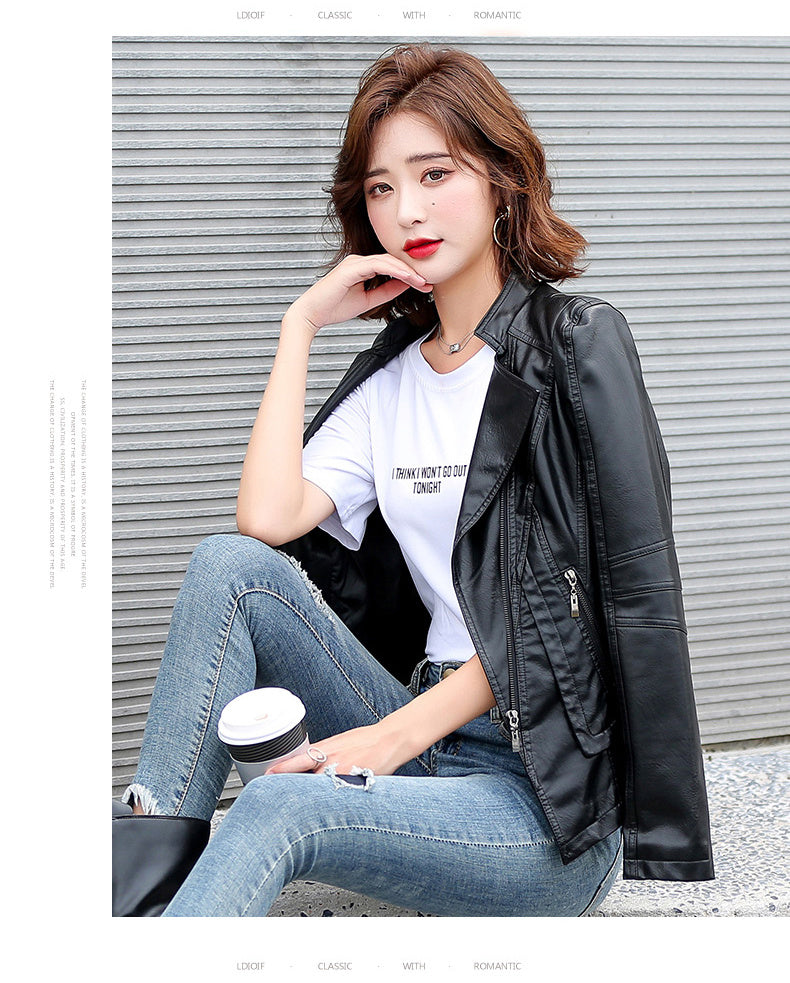 Suit collar fashion biker leather jacket leather woman