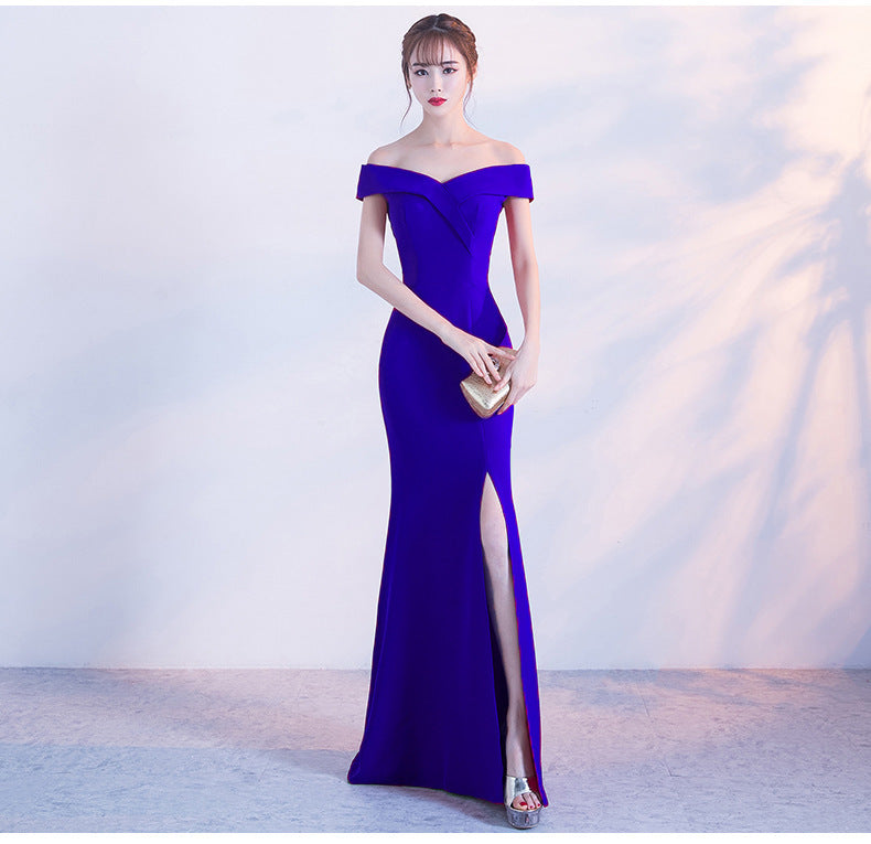 Banquet evening dress word-shoulder fishtail dress