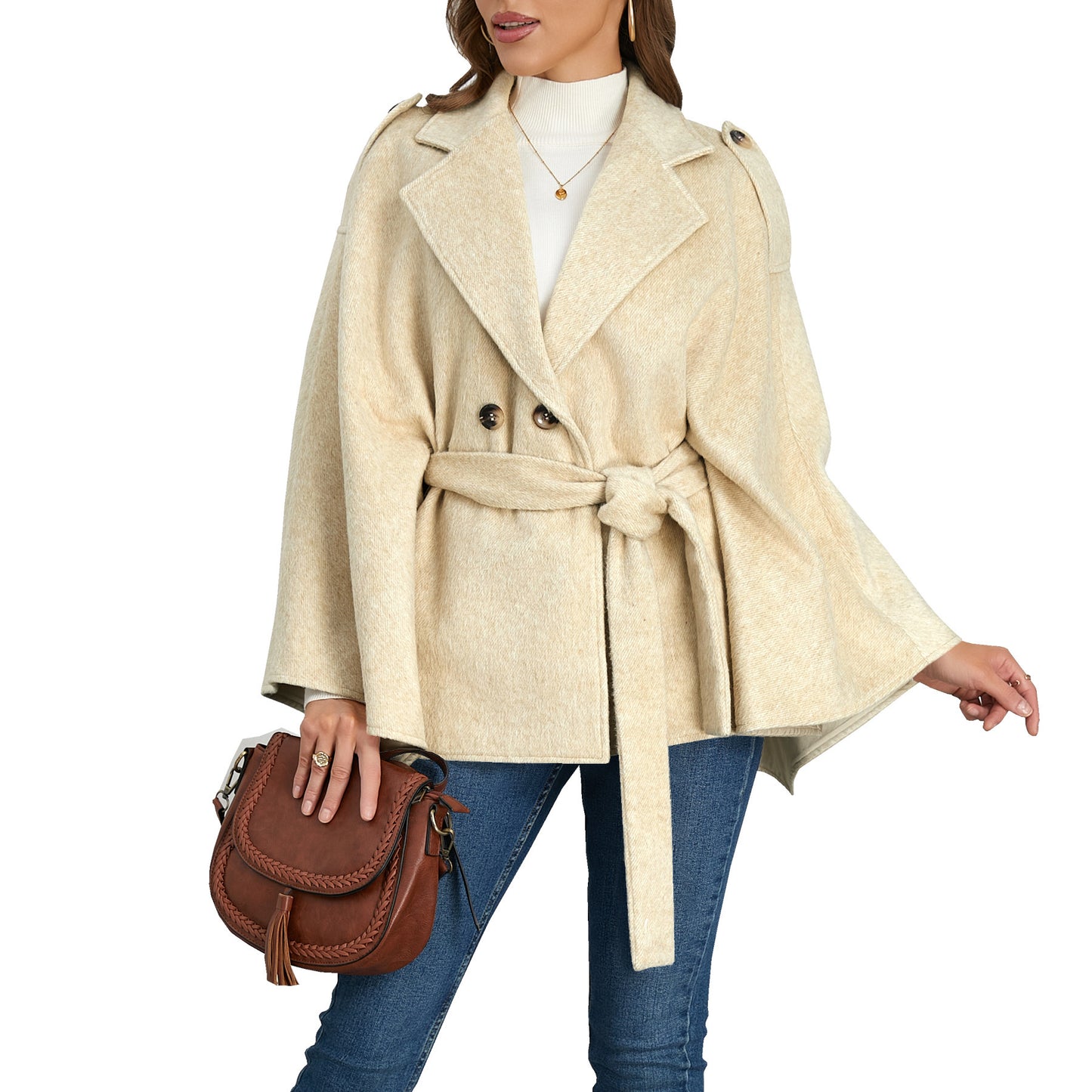 Bandage Coat Batwing Sleeve Lapel Woolen Coat