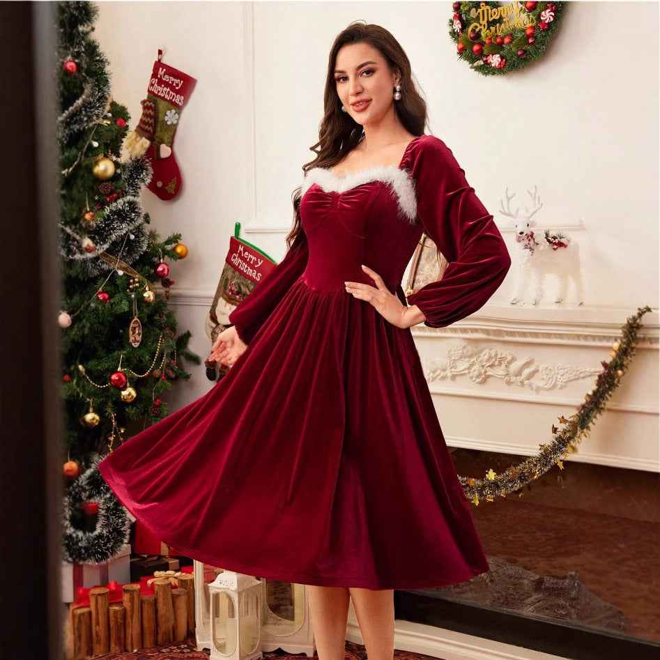 Women's Vintage Christmas Party Long Sleeve Red Velvet Dress Square Collar Dress Elegant Slimming Waist Autumn Women's Clothing