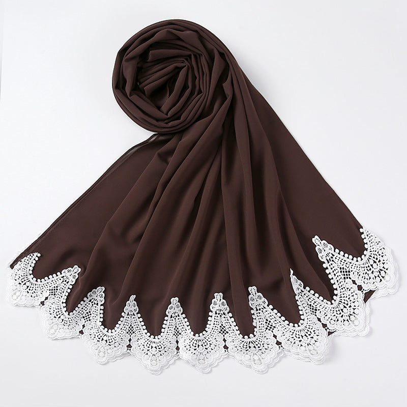 New Pearl Chiffon Scarf Malaysia Fashion Stitching Lace Scarf