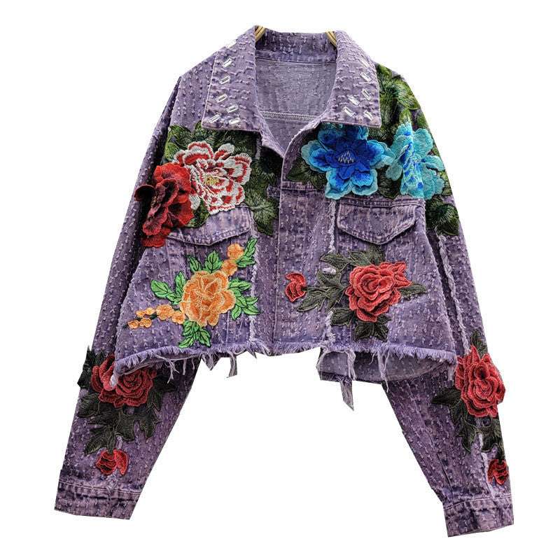 Design Sense Heavy Industry Three-dimensional Flower Short Frayed Hem Casual Denim Coat