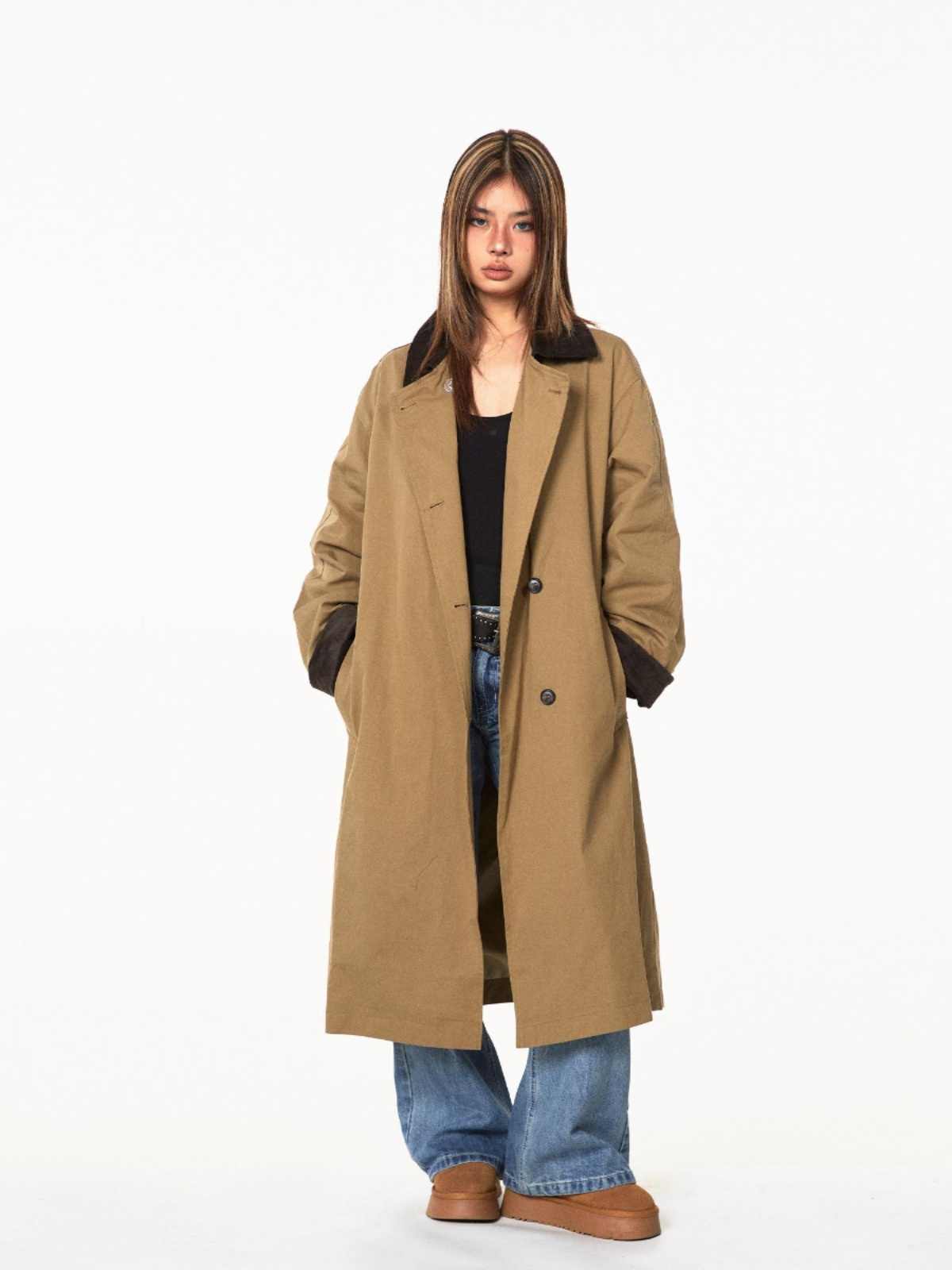 Loose Casual Mid-length Color Contrast Patchwork Lapel Trench Coat