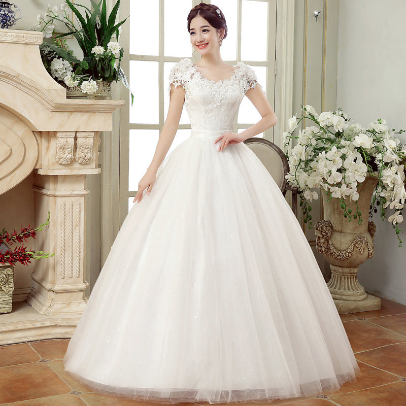 2021 spring new bride married gauze dress, slim thin shoulders, the Korean lace flower word shoulder woman