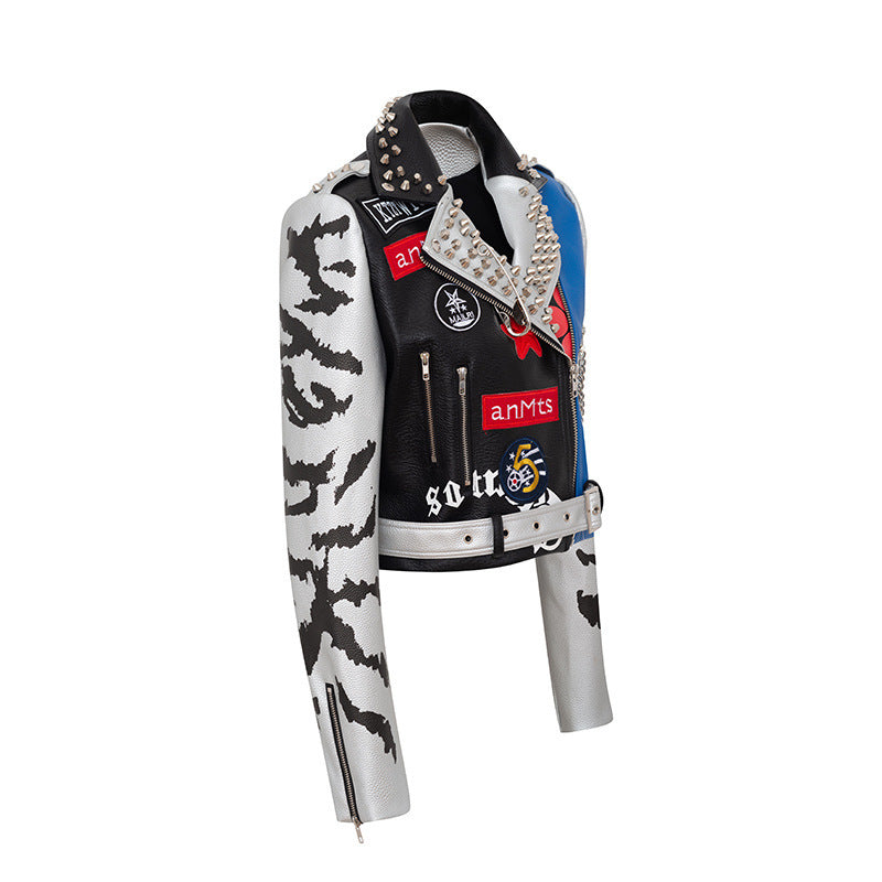 Graffiti Print Coat Short Coat Slim Leather Motorcycle Leather Jacket