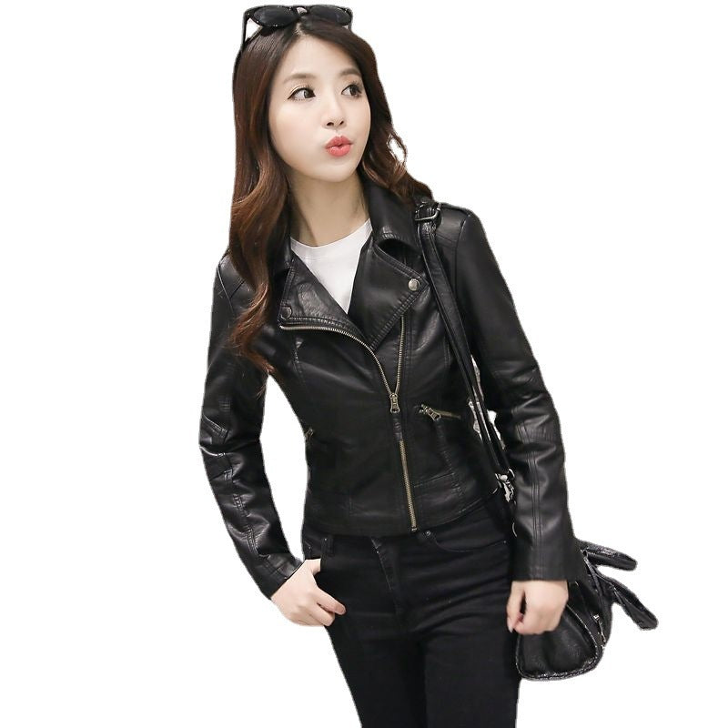 Women's Short Korean Style Slim Leather Jacket