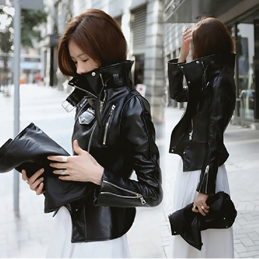 Leather women's jacket autumn new Korean students Slim thin motorcycle leather jacket high waist