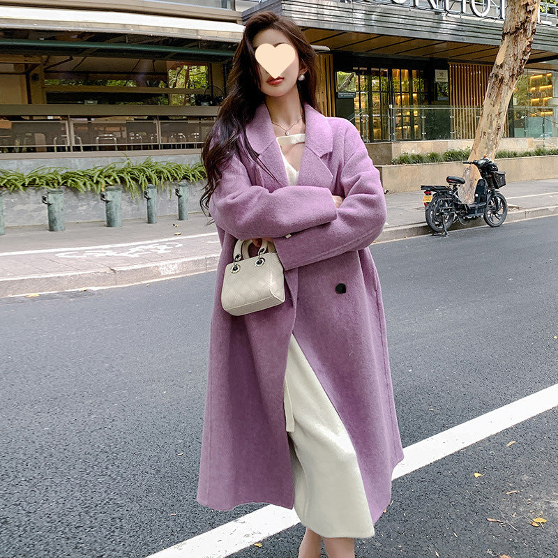 Pink Double-faced Woolen Goods Cashmere Trench Coat Women's Mid-length