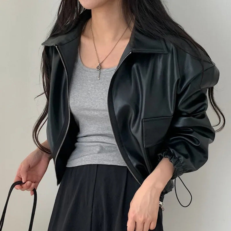 Lapel Double Zipper Pocket Long Sleeve Leather Coat