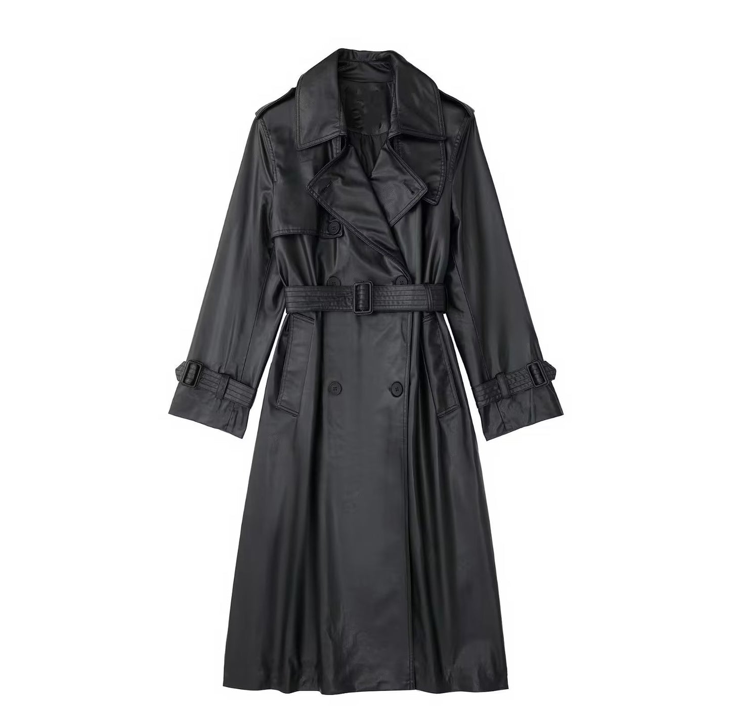 Women Long Leather Trench Coat With Belt