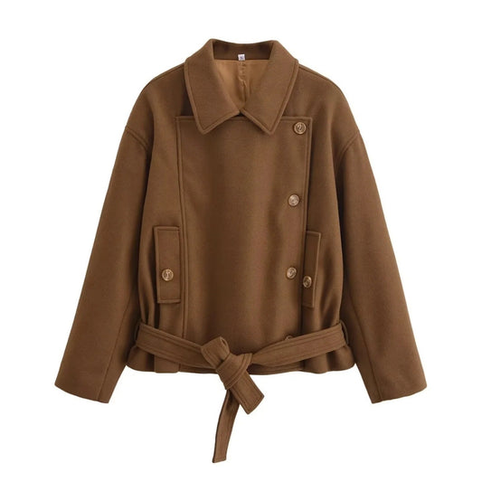 Retro Loose Casual Lapel Long Sleeve With Belt Woolen Jacket Coat