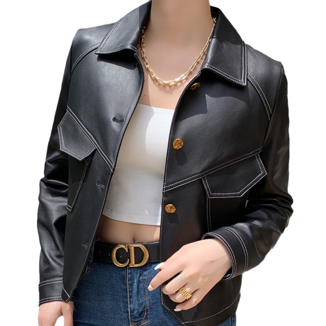 Coat Collar Buckle Leather Women's Short Slim-fitting Biker