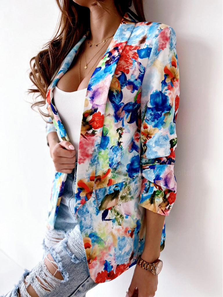 Digital Printing Long Sleeve Lapel Floral Slim Fit Women's Jacket