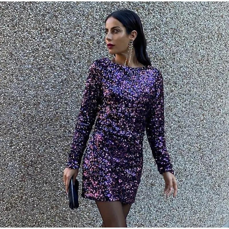 French Style Retro Crew Neck Long Sleeve Sequined Backless Dress