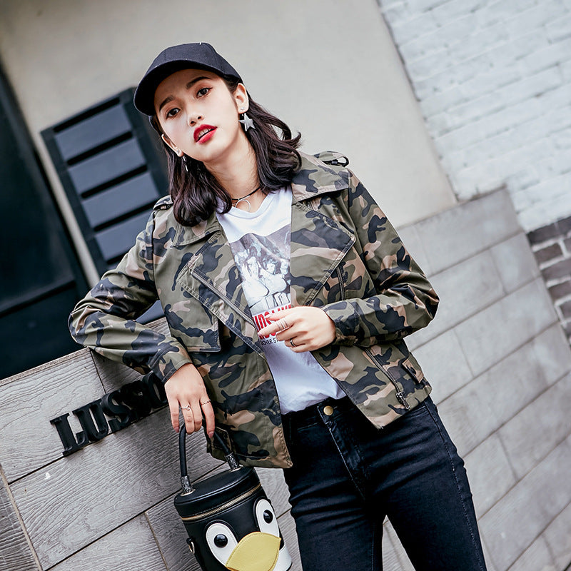 Lapel Short Camouflage Leather Bomber Jacket