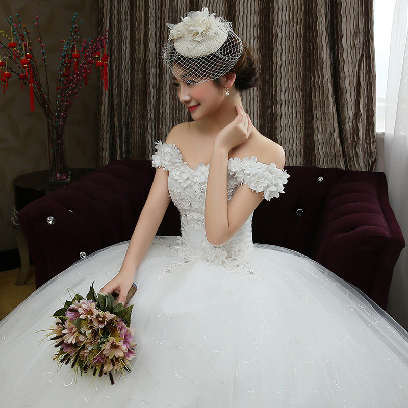 Fashion bride Korean word shoulder thin flowers wedding dress wedding knot new wholesale H82