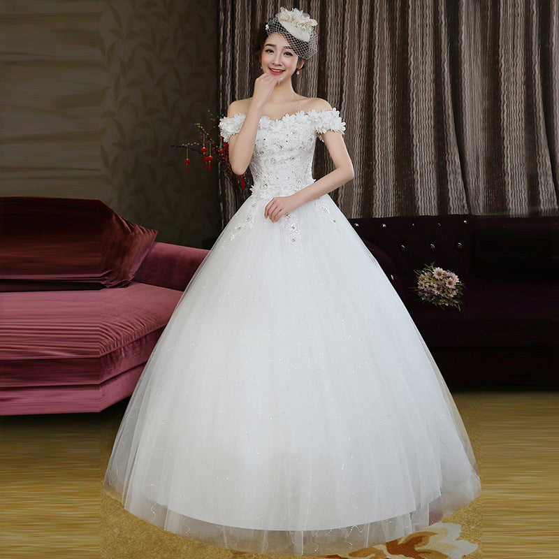 Fashion bride Korean word shoulder thin flowers wedding dress wedding knot new wholesale H82