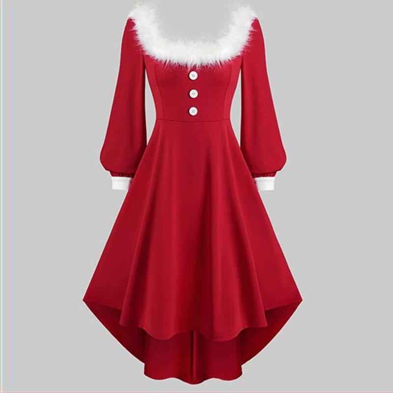 Christmas Women's Fur Patchwork V-neck Long Sleeved Dress
