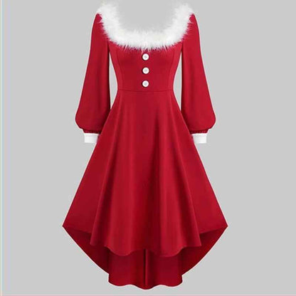 Christmas Women's Fur Patchwork V-neck Long Sleeved Dress