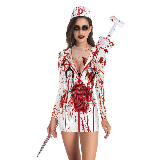 European And American Halloween Nurse Zombie Round Neck Slim Long Sleeve Dress