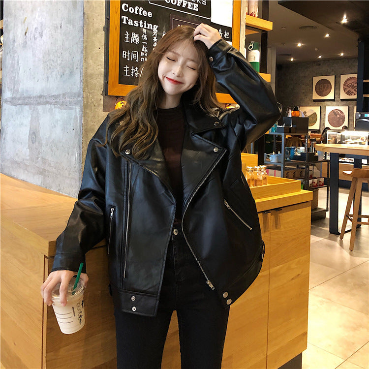 Leather coat women's autumn winter new Korean loose casual casual casual wear Pu motorcycle jacket ins fashion