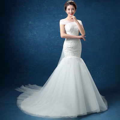 Wholesale fashion one word, shoulder lace, fishtail Tail Han bride married new wedding dress D95