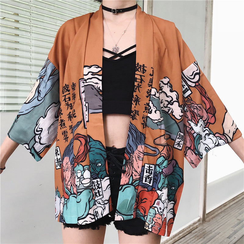 Japanese style and wind cardigan kimono shawl thin coat feather woven men and women couple holiday summer sun protection clothing