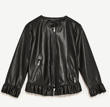 Ruffle cropped round-neck leather jacket