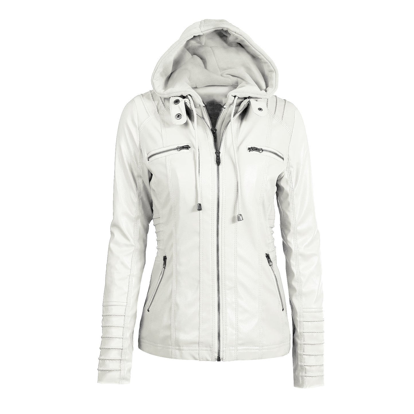 Detachable hooded lapel zipper long-sleeved solid color women's leather