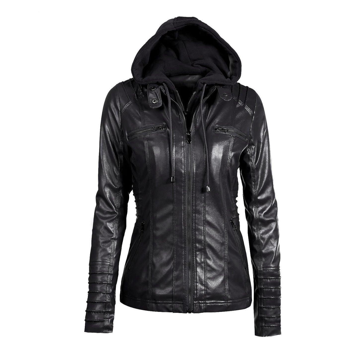 Detachable hooded lapel zipper long-sleeved solid color women's leather